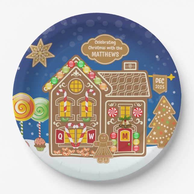 Monogram Gingerbread House Christmas Cookies Candy Paper Plate (Front)