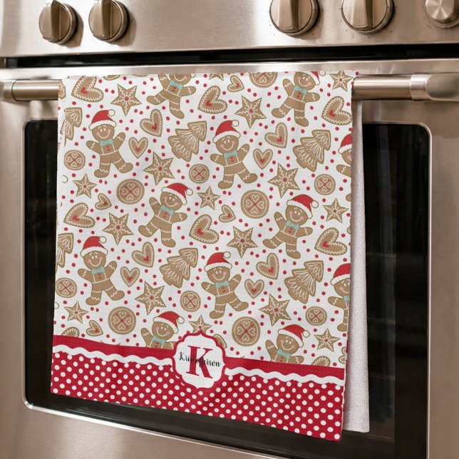Monogram Gingerbread Man Christmas Tea Towel (A fun monogram Christmas gingerbread man kitchen towel)