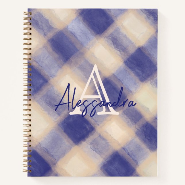 Monogram gingham navy blue cream tartan check name notebook (Front)