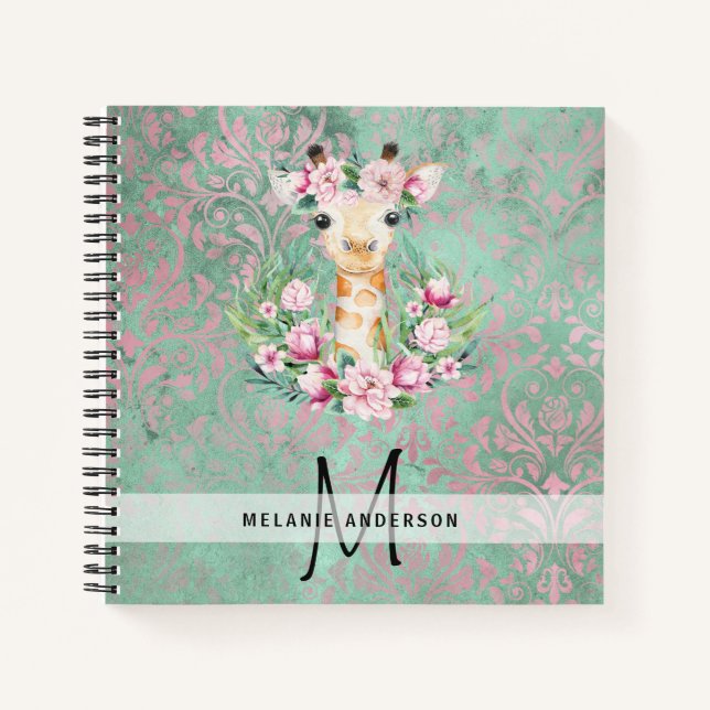 Monogram GIRAFFE Boho Flowers Pretty Girly Modern Notebook (Front)