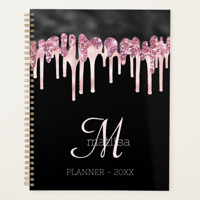 Monogram Girly Black & Pink Dripping Glitter Glam  Planner (Front)