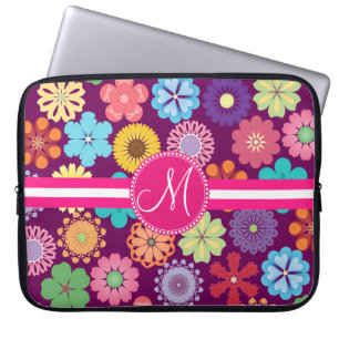 Monogram Girly Flower Power Colourful Floral Patte Laptop Sleeve
