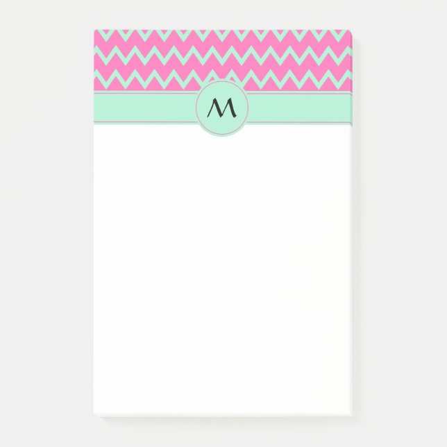 Monogram Girly Pink and Green Zigzag Pattern Post-it Notes (Front)
