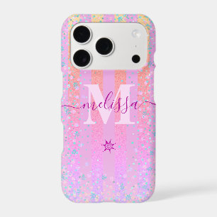 Monogram Girly Pink Glitter Rainbow Ombre Script