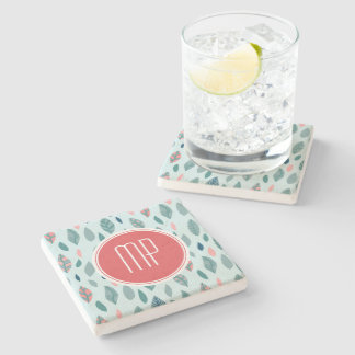 Monogram Girly Whimsical Leaves Pattern Stone Coaster