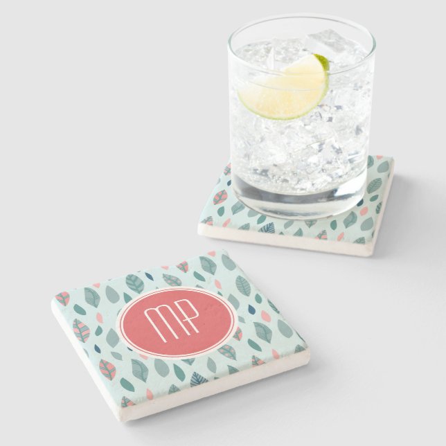 Monogram Girly Whimsical Leaves Pattern Stone Coaster (Side)