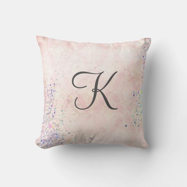 Monogram Glam Chic Pink Grey Sparkle Elegant Cushion (Front)