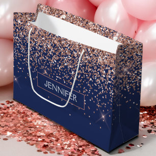 Monogram Glitter Blush Pink Rose Gold Navy Blue Large Gift Bag
