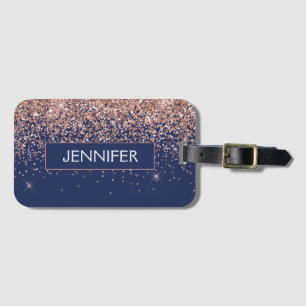 Monogram Glitter Blush Pink Rose Gold Navy Blue Luggage Tag