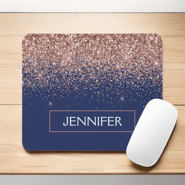 Monogram Glitter Blush Pink Rose Gold Navy Blue Mouse Pad (Creator Uploaded)