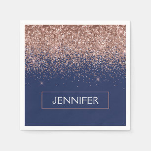 Monogram Glitter Blush Pink Rose Gold Navy Blue Napkin