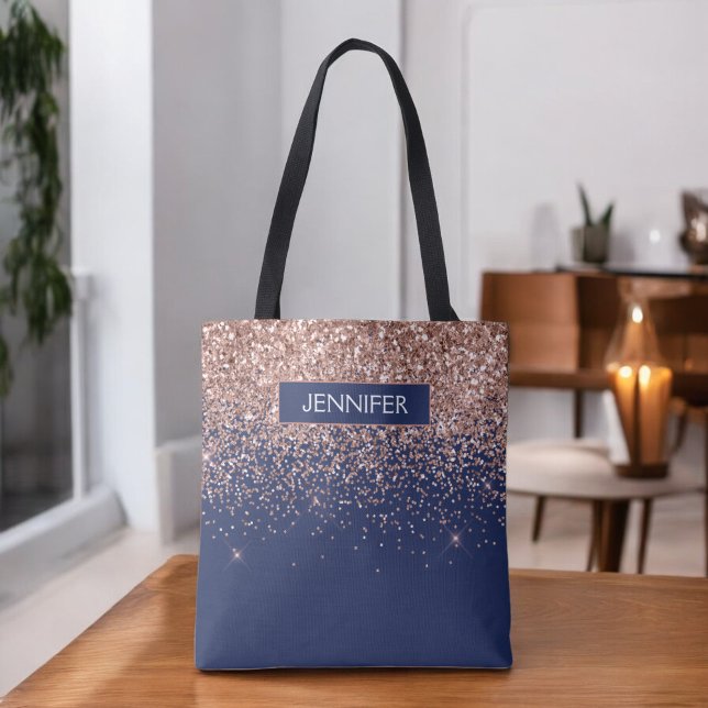 Monogram Glitter Blush Pink Rose Gold Navy Blue Tote Bag (Creator Uploaded)