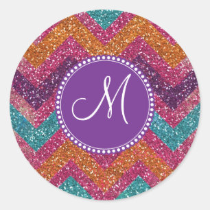 Monogram Glitter Chevron Pink Purple Orange Teal Classic Round Sticker