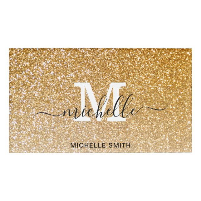 Monogram Glitter Gold Elegant Feminine  Name Tag (Front)