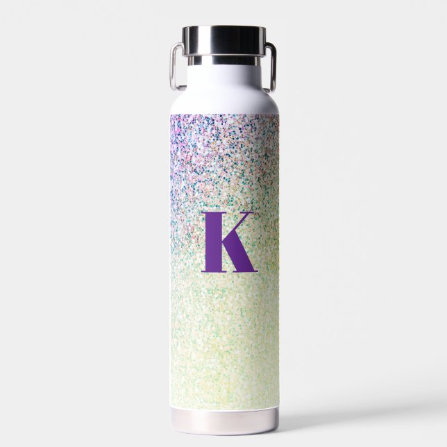 Monogram Glitter Purple Ombre Glitter  Water Bottle (Front)