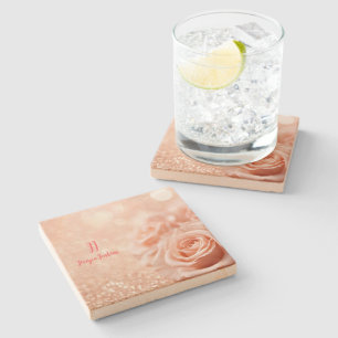 Monogram Glitter Rose Gold Background and Rose Stone Coaster