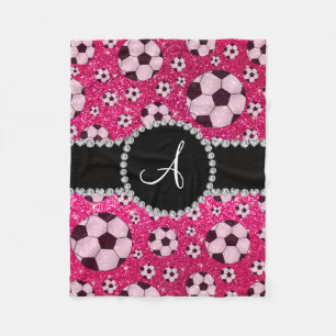 Monogram glitter rose pink soccer balls fleece blanket
