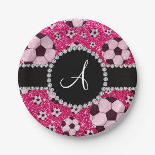 Monogram glitter rose pink soccer balls paper plate