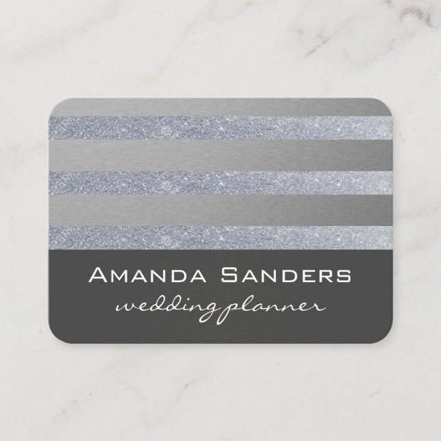 Monogram Glitter Stripes / Grey Business Card (Front)