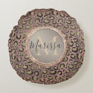 Monogram Glittery Chic Leopard Rose Gold Round Cushion