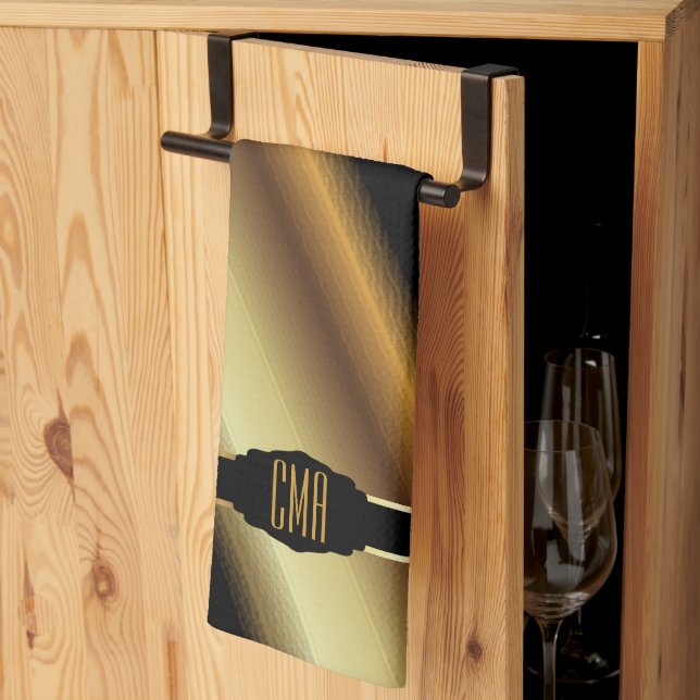 Monogram Gold Abstract Diagonal Stripes Tea Towel (Thirds Fold)