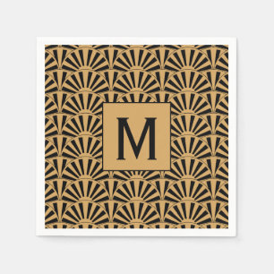 Monogram Gold and Black Art Deco Fan Flowers Motif Napkin