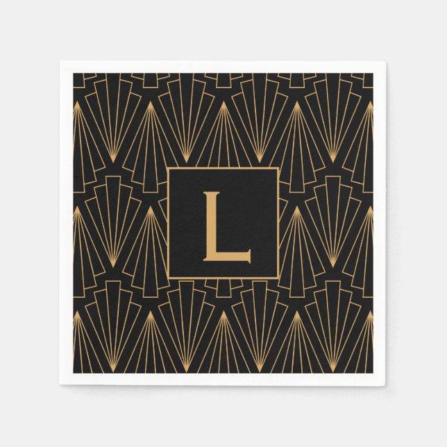 Monogram Gold and Black Art Deco Pattern Napkin (Front)