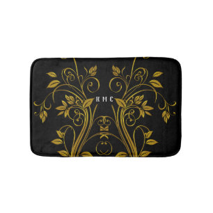Monogram Gold And Black Floral Swirl Bath Mat