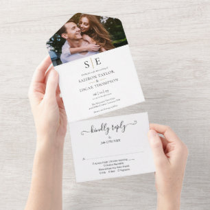 Monogram Gold And Black Photo Wedding All In One Invitation