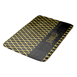 Monogram gold and black quatrefoil pattern bath mat
