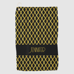 Monogram gold and black quatrefoil pattern golf towel