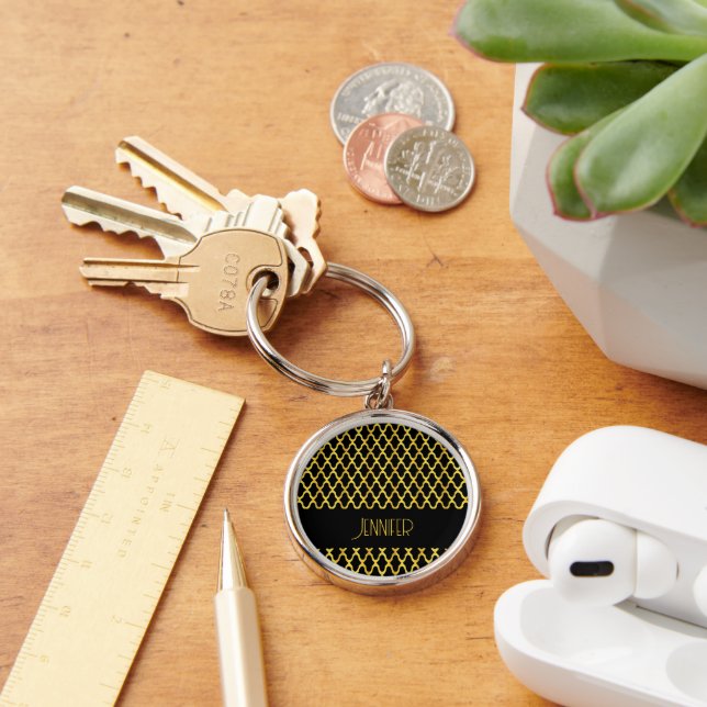 Monogram gold and black quatrefoil pattern key ring (Desk)