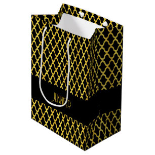 Monogram gold and black quatrefoil pattern medium gift bag