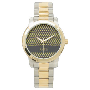 Monogram gold and black quatrefoil pattern watch