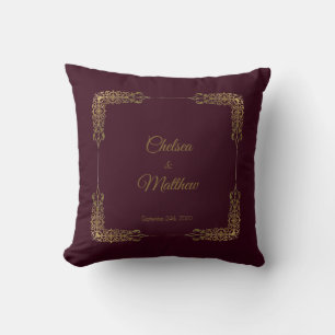 Monogram Gold and Burgundy Lace Wedding Pillow