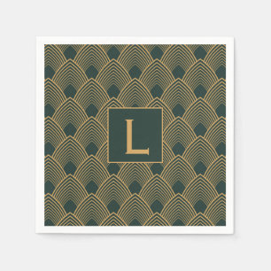 Monogram Gold and Emerald Green Art Deco Pattern  Napkin