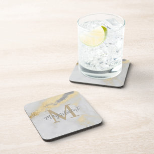 Monogram Gold and Gray Marble Coaster