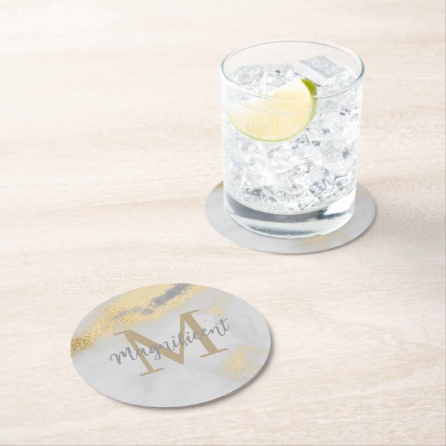 Monogram Gold and Grey Marble Round Paper Coaster (Insitu)