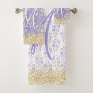 Monogram Gold  and Lavender Floral      Bath Towel Set