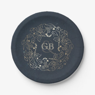 Monogram Gold and Navy Vintage Floral Wedding Paper Plate