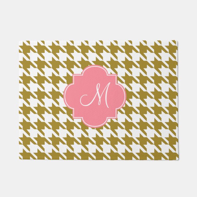 Monogram Gold and Pink Houndstooth Pattern Doormat (Front)