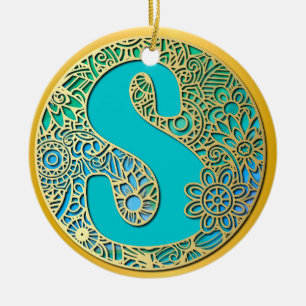 Monogram Gold and Turquoise S and Colourful Flower Ceramic Tree Decoration