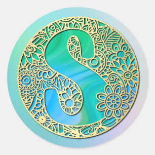 Monogram Gold and Turquoise S and Colourful Flower Classic Round Sticker