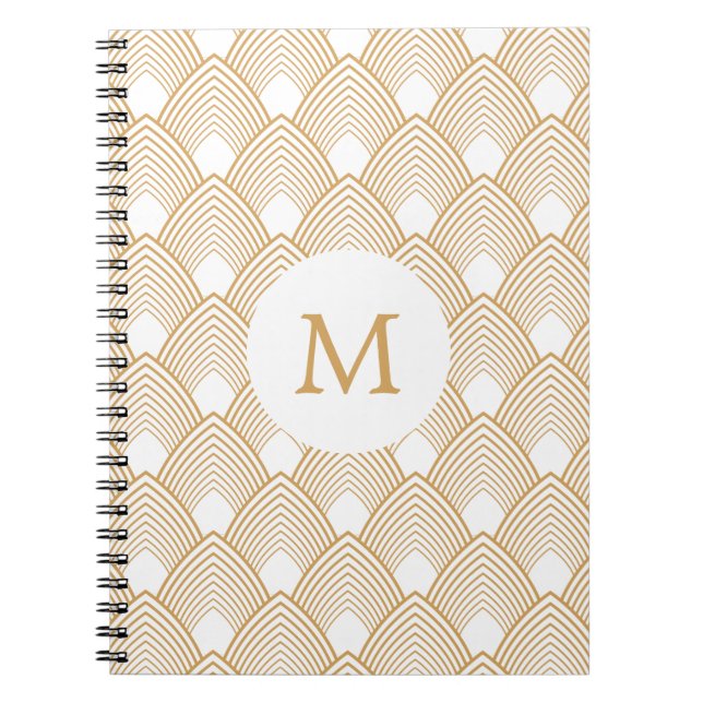Monogram Gold and White Art Deco Pattern Spiral Notebook (Front)