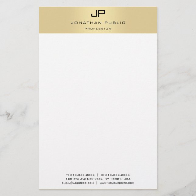 Monogram Gold And White Modern Elegant Template Stationery (Front)