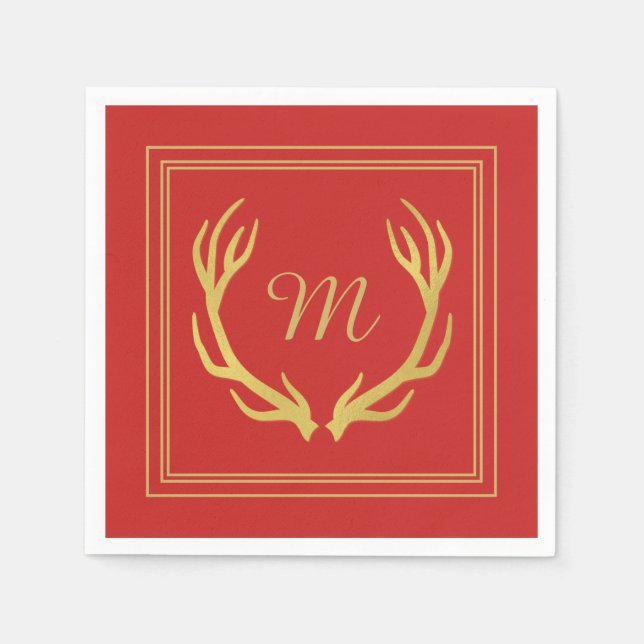 Monogram Gold Antlers Christmas Paper Napkin | Red (Front)