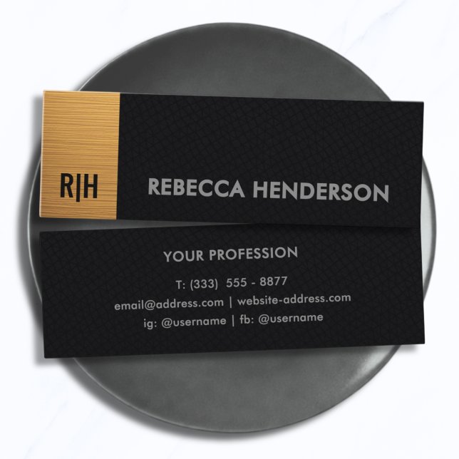 Monogram Gold Bar & Black Leather Mini  Business Card (Creator Uploaded)