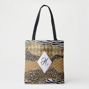 Monogram Gold Black Animal Print Safari Agate Tote Bag