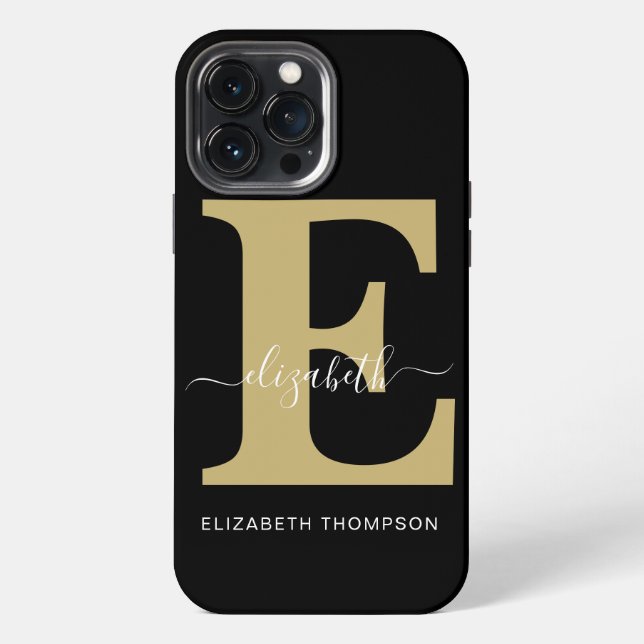 Monogram Gold Black Customized Script Name iPhone Case (Back)