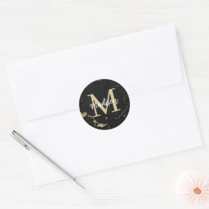 Monogram Gold Black Marble Classic Round Sticker